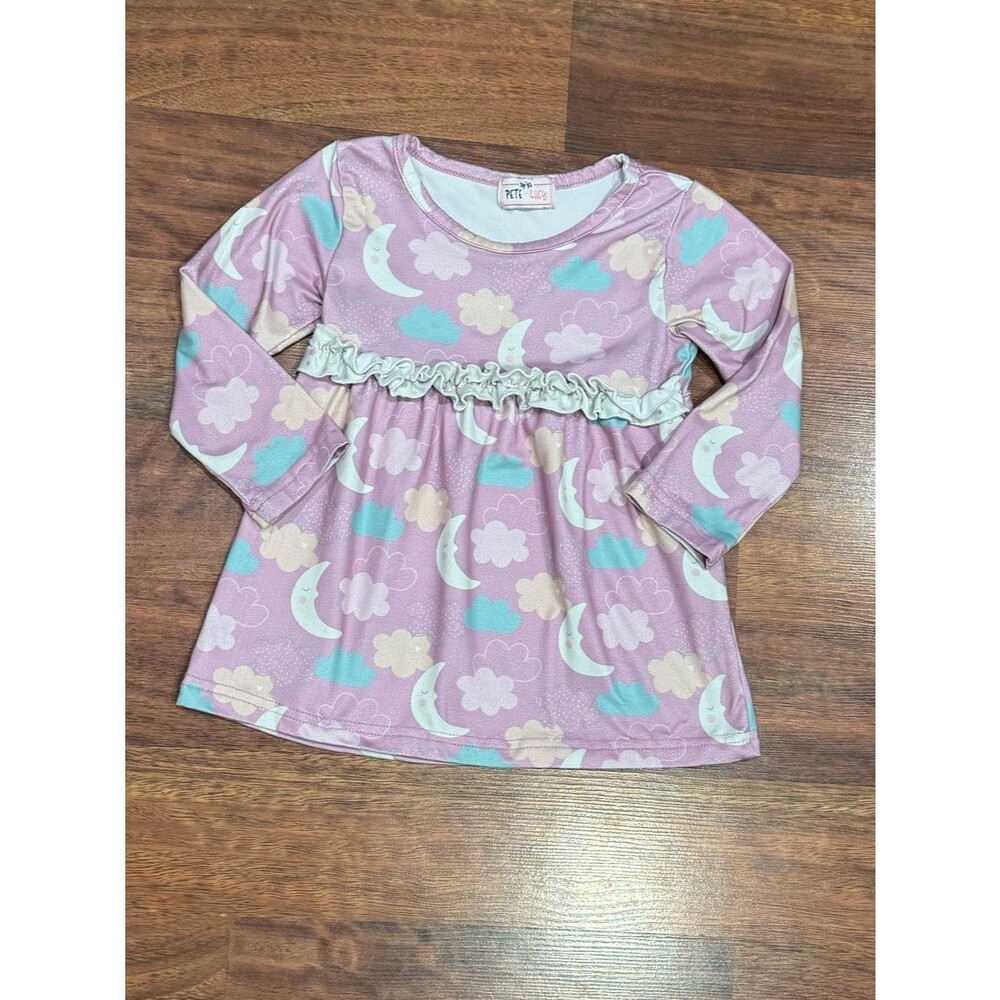 Pete + Lucy - Long Sleeve Dress with Ruffle - Moon & Cloud Design